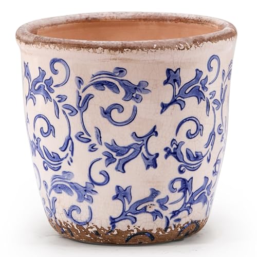 Teweiqi Vintage Ceramic Planter with Drainage Hole Plastic Tray Mesh 55 Inch IndoorOutdoor Flower Pot Blue Floral Rustic Farmhouse Design Plant pot for Home Office Garden Dcor Ideal Gift - Image 1