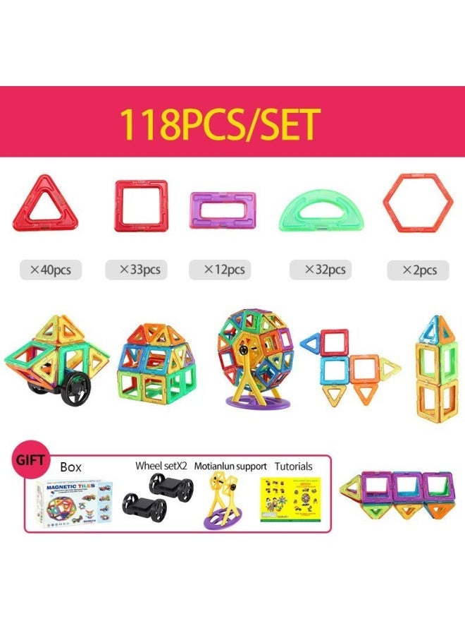 Magnetic Piece Puzzle Building Blocks Toy Pure Magnetic Magnet Assembled Color Window Magnetic Piece Scattered Piece Cross-border-Color:Pure Magnetic 118 Set + Ferris Wheel + Wheel + Color Box + Drawings-Specifications:Cost-effective Medium -5.5cm - Image 1