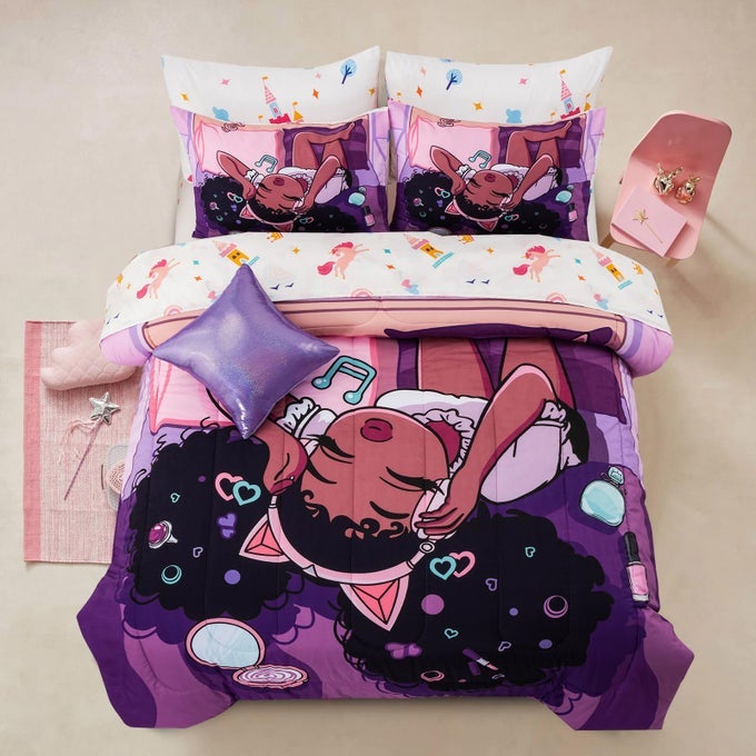 PURPLE COMFORTER SETSBLACK GIRL LISTENING MUSIC PRINTED 6PCS BED IN A BAG TWIN SIZE ALL SEASONS BEDDING SETFOR KIDS GIRLS