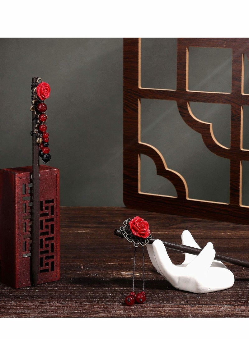 Y&D Set of 2 Hair Sticks Vintage Wooden Clips Flower Chopsticks Handmade Classic Accessories Women's Long Curly - Image 3