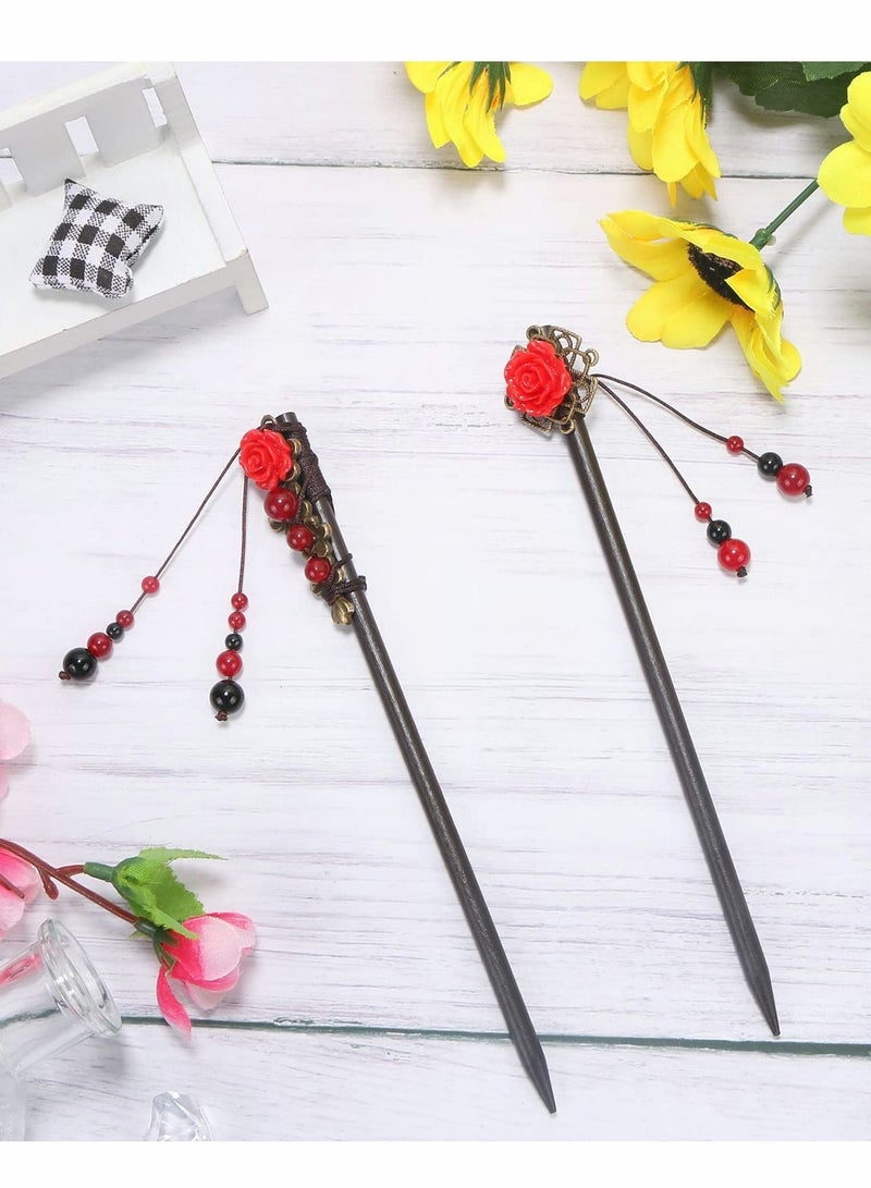 Y&D Set of 2 Hair Sticks Vintage Wooden Clips Flower Chopsticks Handmade Classic Accessories Women's Long Curly - Image 2