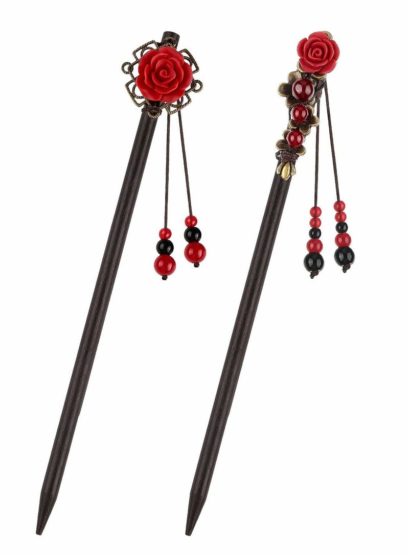Y&D Set of 2 Hair Sticks Vintage Wooden Clips Flower Chopsticks Handmade Classic Accessories Women's Long Curly - Image 1