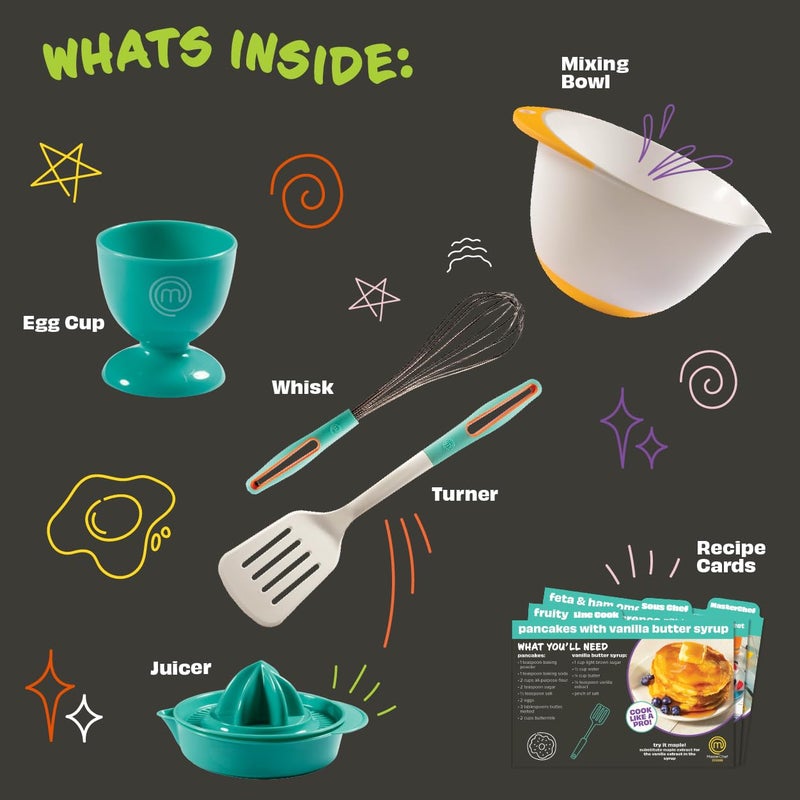 MasterChef Junior Breakfast Cooking Set- 6 Pc Holiday Kit w Real Cooking Tools for Kids & Recipes- Includes Spatula, Mixing Bowl, Whisk, Egg Cup, Juicer- Make Pancakes, Crepes & More - Image 3