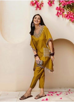 ISHIN Yellow Kurta Set Straight Fit 3/4 Sleeve Sleeve made from ROMAN SILK featuring Self Design design and Round Neck neckline - Perfect for Ethinic!  - Image 2