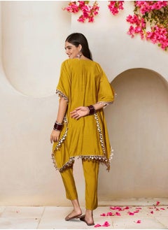 ISHIN Yellow Kurta Set Straight Fit 3/4 Sleeve Sleeve made from ROMAN SILK featuring Self Design design and Round Neck neckline - Perfect for Ethinic!  - Image 5