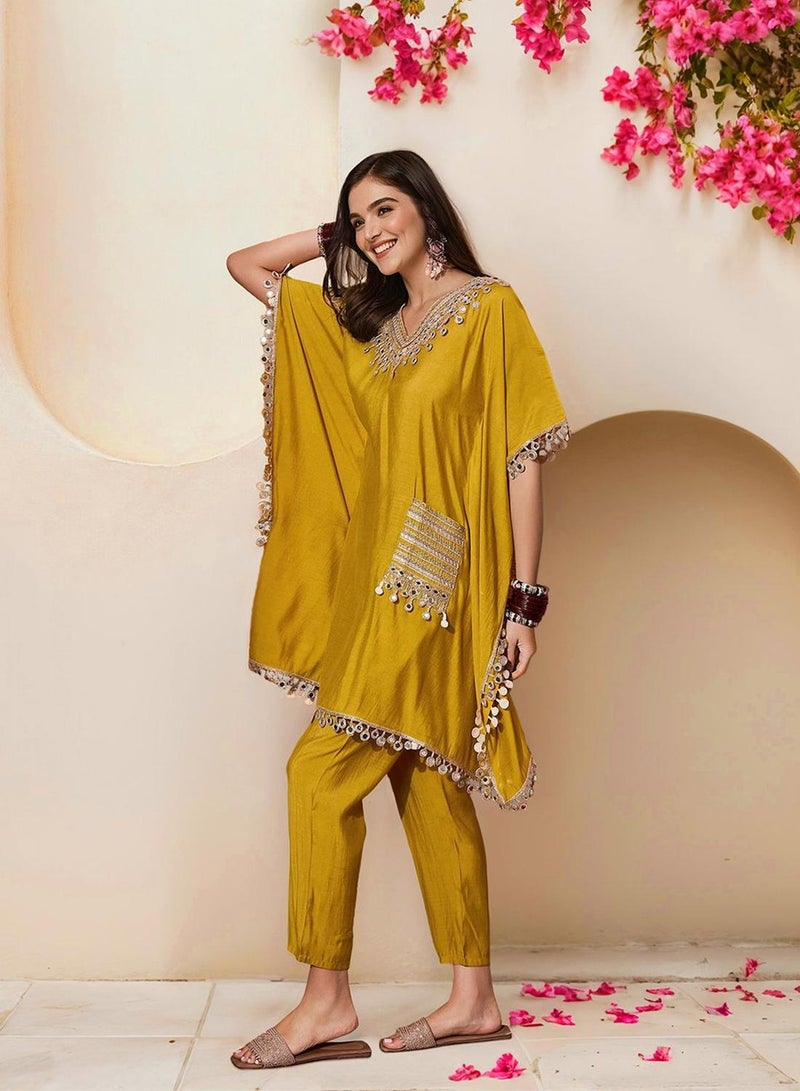 ISHIN Women's Yellow Roman Silk Self Design Full Length Palazzo Kurta Set - Image 5