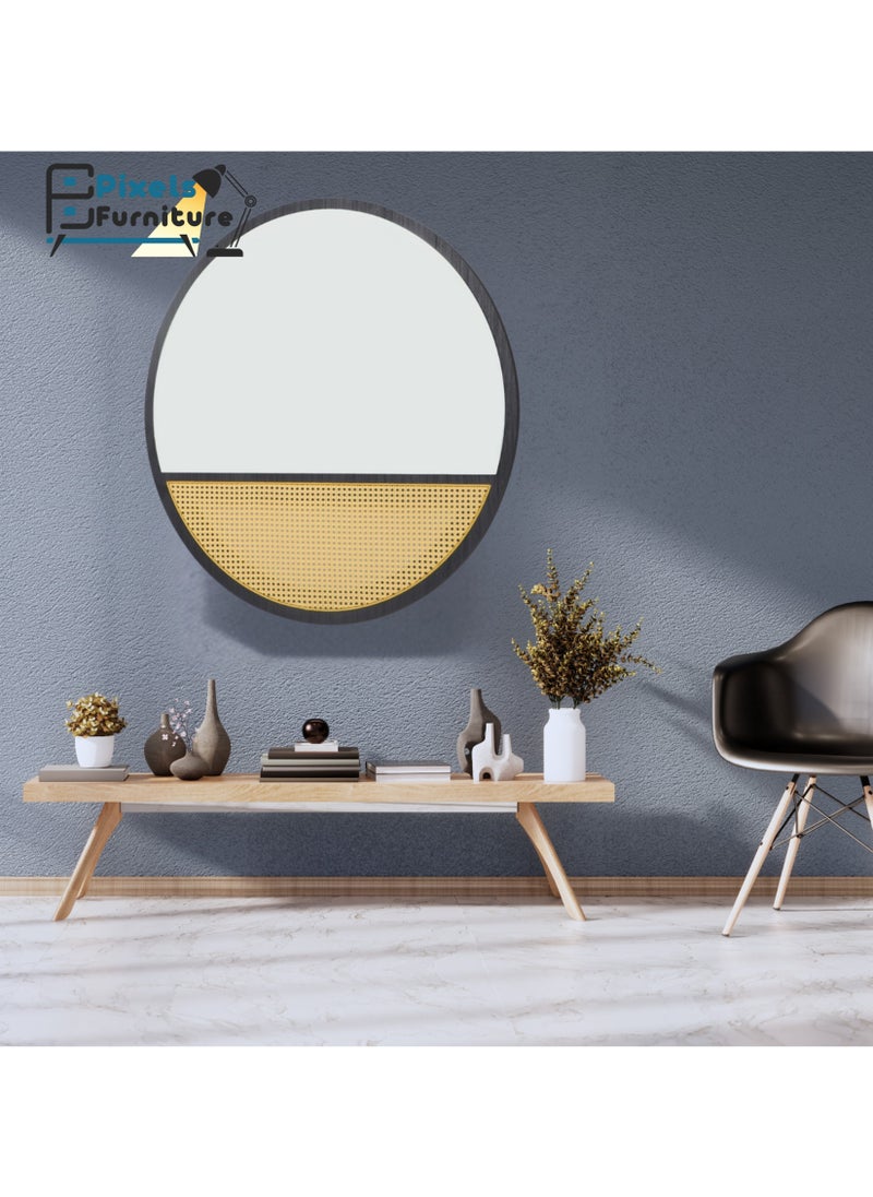 بكسل للأثاث مرآة حائط دائرية بتصميم الراتان وباطار وقاعدة خشب من بكسل الأثاث، لغرفة المعيشة والمداخل والتسريحة والحمام، اللون الأسود  - Image 3