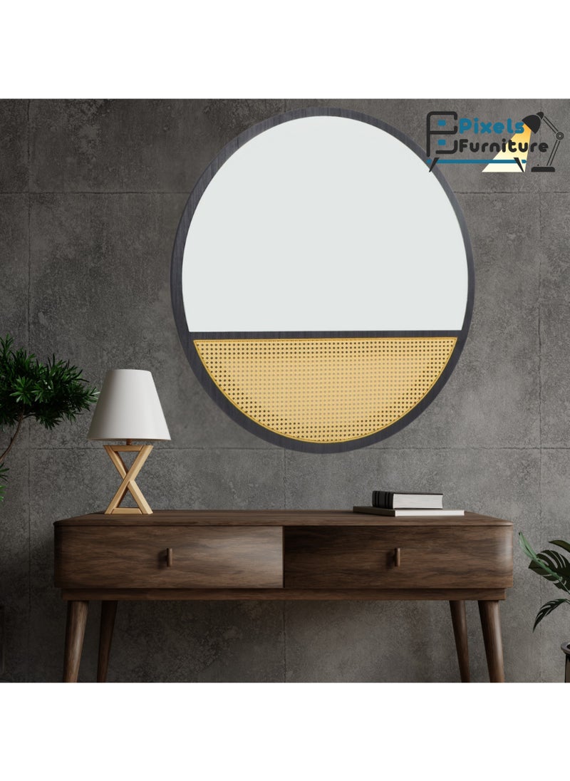 بكسل للأثاث مرآة حائط دائرية بتصميم الراتان وباطار وقاعدة خشب من بكسل الأثاث، لغرفة المعيشة والمداخل والتسريحة والحمام، اللون الأسود  - Image 4