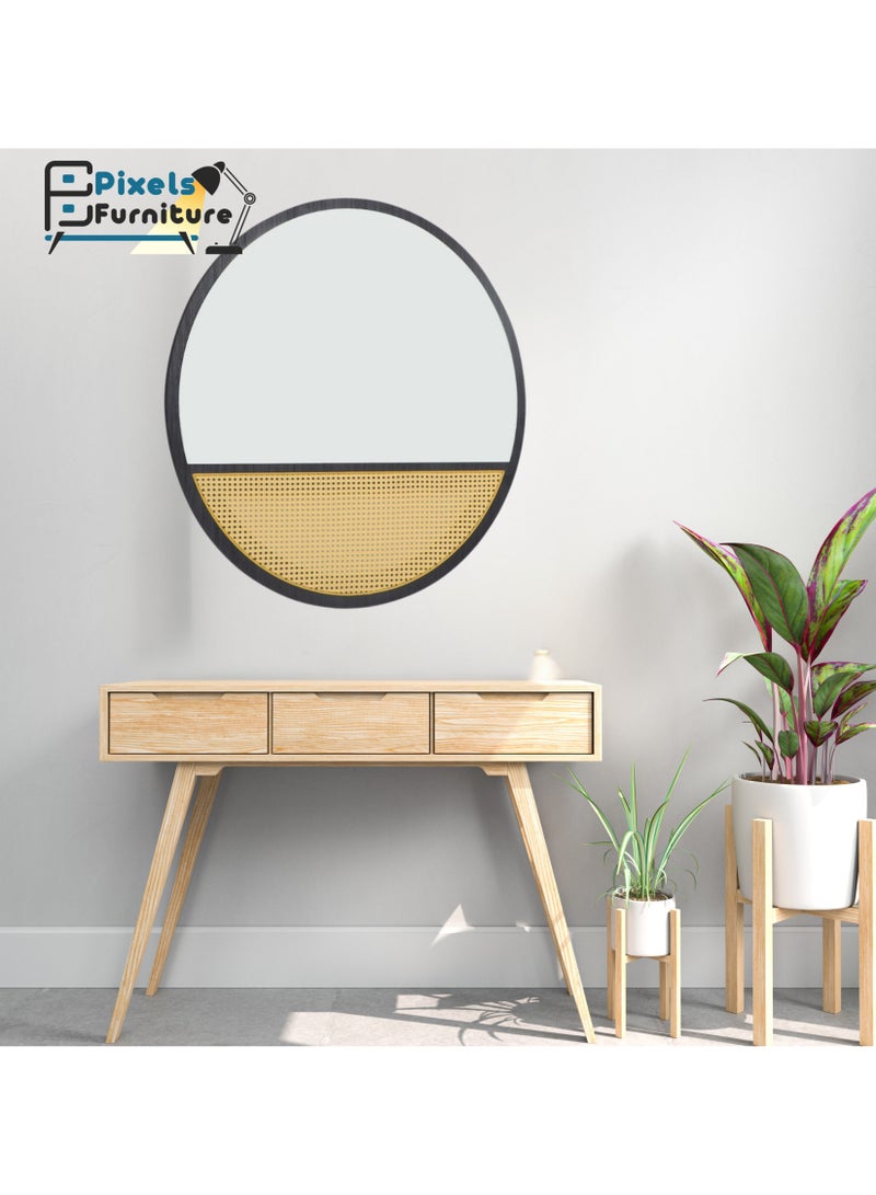 مرآة حائط دائرية بتصميم الراتان وباطار وقاعدة خشب من بكسل الأثاث، لغرفة المعيشة والمداخل والتسريحة والحمام، اللون الأسود