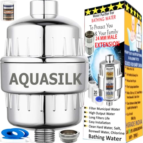 AQUASILK Hard Water Shower Filter Softener - 15 Stage 2 Cartridges | Water Softener For Home Bathroom | Shower Tap Filter For Hard Water | Hardness Remover With Vitamin C Stops Hair Fall Dry Skin - Image 1