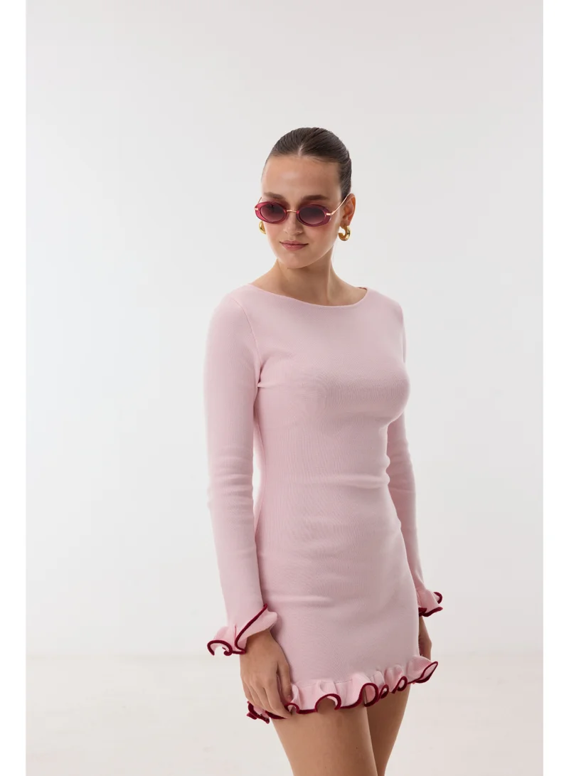 Ashita Fernandes Boat Neck Body-Skimming Milano Knit Short Dress with Ruffle Detail – Baby Pink