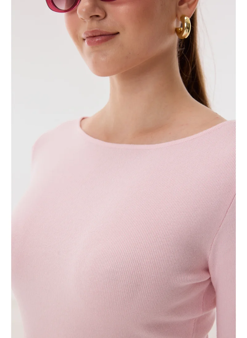 Ashita Fernandes Boat Neck Body-Skimming Milano Knit Short Dress with Ruffle Detail – Baby Pink