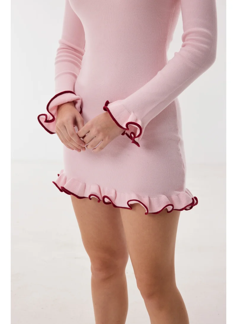 Ashita Fernandes Boat Neck Body-Skimming Milano Knit Short Dress with Ruffle Detail – Baby Pink
