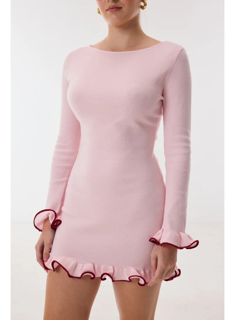 Ashita Fernandes Boat Neck Body-Skimming Milano Knit Short Dress with Ruffle Detail – Baby Pink