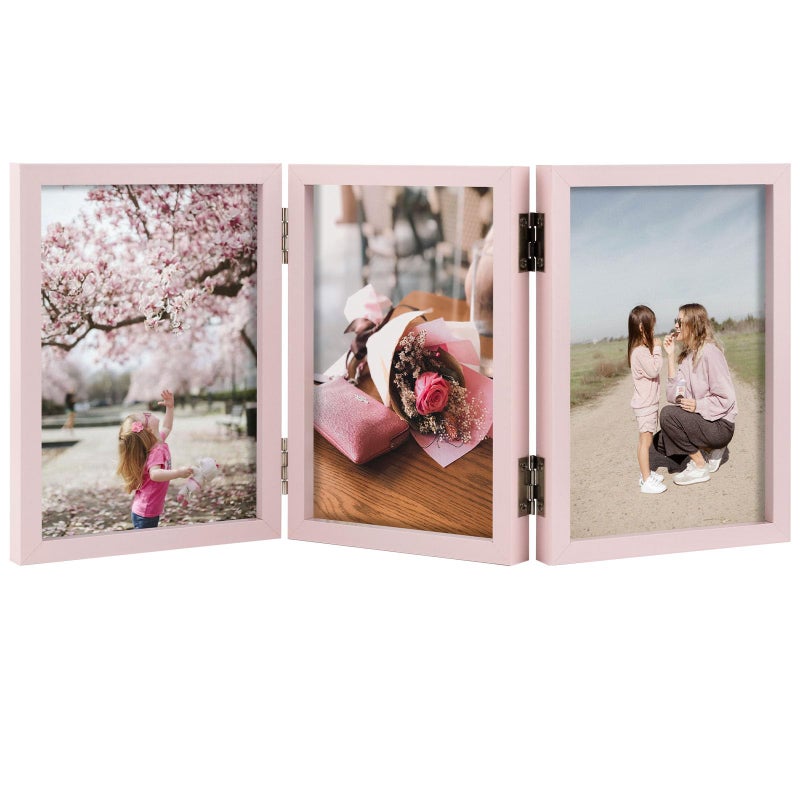 Space Art Deco Triple 4x6 Picture Frame, 3 4x6 Folding Photo Frame, Standing Vertically on Desktop or Tabletop, Home Decorative Christmas, Pink - Image 1