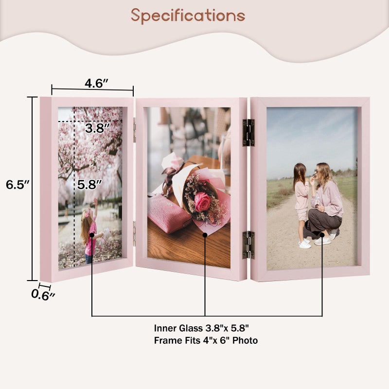 Space Art Deco Triple 4x6 Picture Frame, 3 4x6 Folding Photo Frame, Standing Vertically on Desktop or Tabletop, Home Decorative Christmas, Pink - Image 2