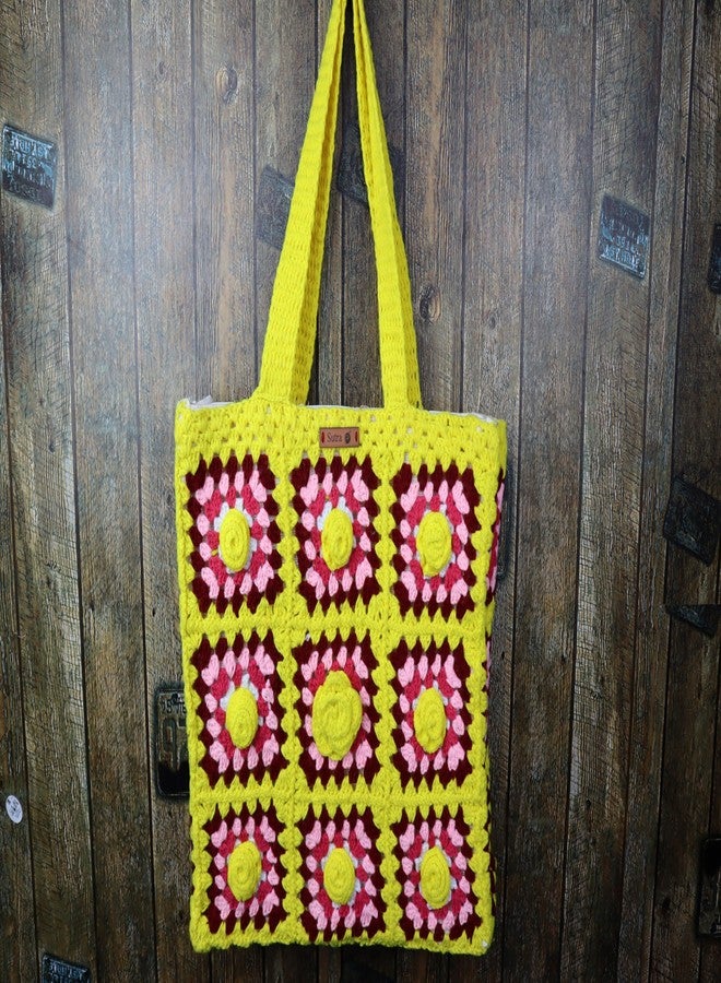 Sutra Handmade Wool Crochet Yellow Pink Floral Tote Bag | Boho Shoulder Purse | Eco-Friendly Reusable Tote Bag | Summer Beach Handbag for Women Girls - Image 3