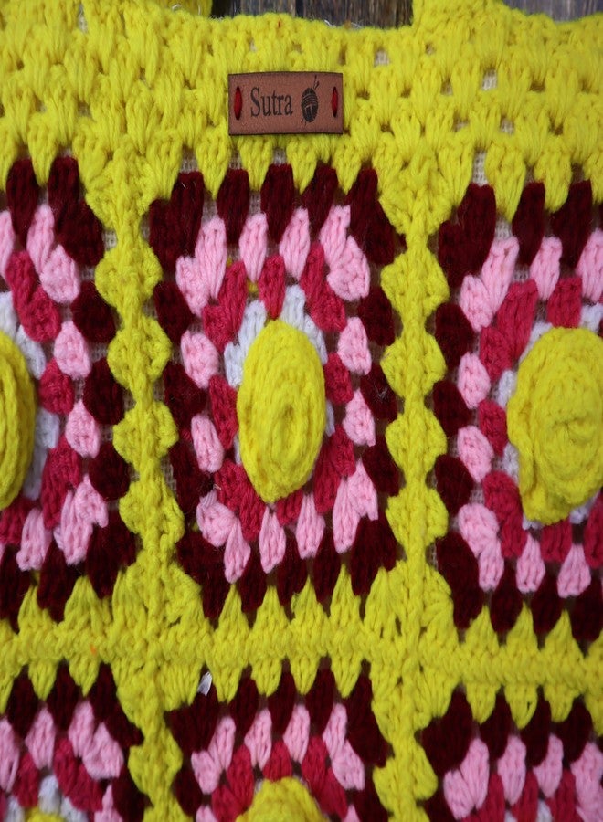 Sutra Handmade Wool Crochet Yellow Pink Floral Tote Bag | Boho Shoulder Purse | Eco-Friendly Reusable Tote Bag | Summer Beach Handbag for Women Girls - Image 4