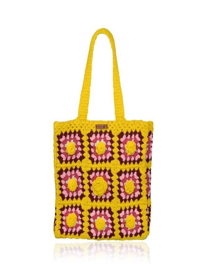 Sutra Handmade Wool Crochet Yellow Pink Floral Tote Bag | Boho Shoulder Purse | Eco-Friendly Reusable Tote Bag | Summer Beach Handbag for Women Girls - Image 1