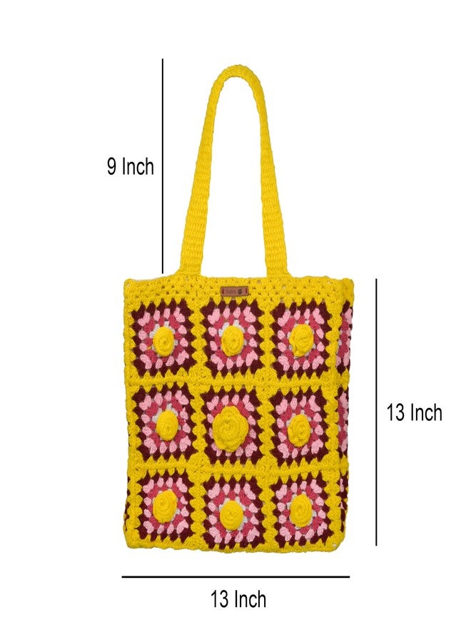 Sutra Handmade Wool Crochet Yellow Pink Floral Tote Bag | Boho Shoulder Purse | Eco-Friendly Reusable Tote Bag | Summer Beach Handbag for Women Girls - Image 2
