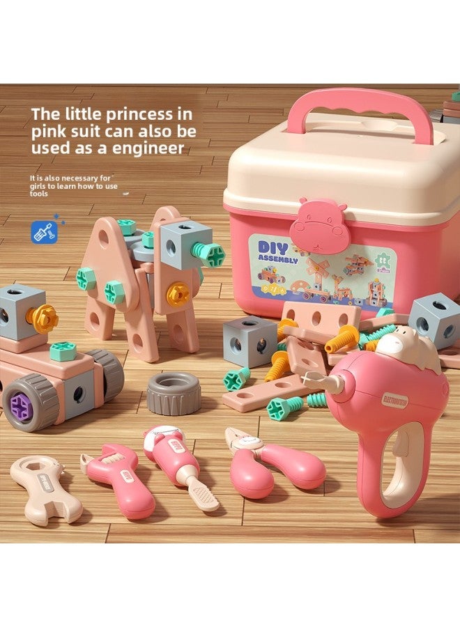 Loquat Children's Screw DIY Assembled Hippo Toolbox Maintenance Disassembly Screwdriver Electric Manual Nut Toy-Color:60-piece Pink Tool Table Set - Image 2