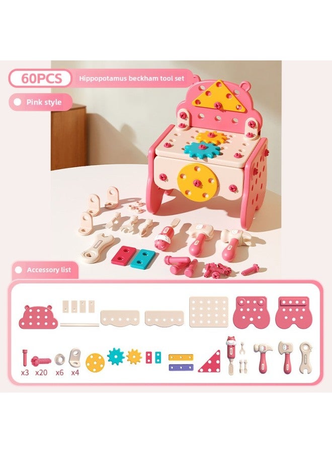 Loquat Children's Screw DIY Assembled Hippo Toolbox Maintenance Disassembly Screwdriver Electric Manual Nut Toy-Color:60-piece Pink Tool Table Set - Image 1