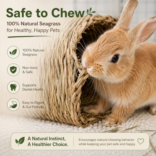 PEMAR Natural Seagrass Bunny Tunnel - Handwoven Rabbit Hideaway & Edible Grass House - Safe Chew Toy, Bed for Guinea Pigs, Chinchillas, Rats & Indoor Bunnies - Small Animal Enrichment (9x8.3x6.3”) - Image 3