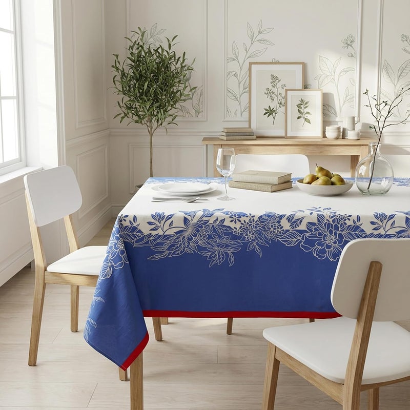 RUSTIQUE LINENS Block Print Design Cotton Table Cloth 6 Seater – Dining Table Cover Cloth, Washable Dining Table Cloth – 150 x 190 CM (Fits 4–6 Seater) - Frosty Bloom - Image 1