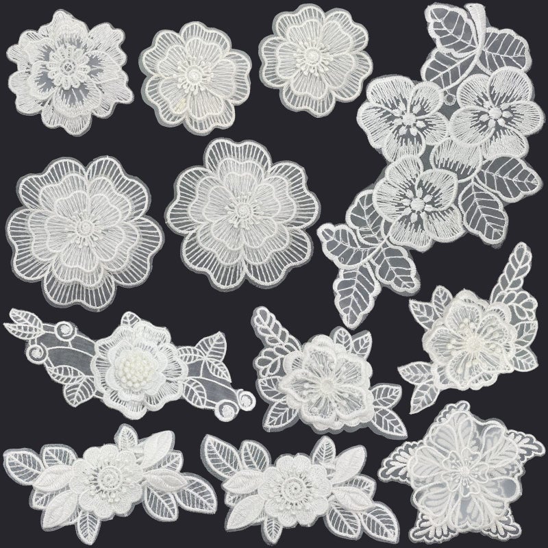 BETITETO 12 Pieces Flower Lace Embroidered Applique 3D Floral Sew On Patches for Clothes Repairing Decorating Wedding Dress DIY Sewing Craft White
