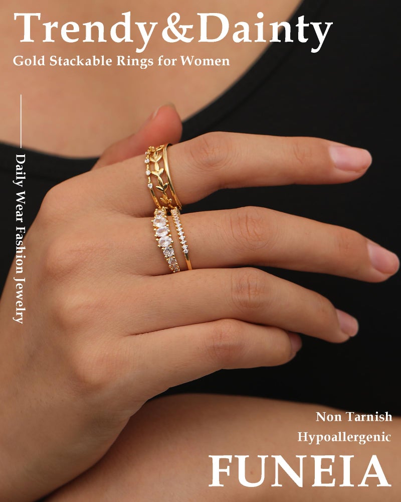 FUNEIA Stackable Gold Rings for Women Non Tarnish Trendy Dainty 14K Gold Plated Stacking Cubic Zirconia Thumb Ring Set Pack Statement Chunky Band Rings Promise Engagement Rings Size 7 8 9 10 11 - Image 3