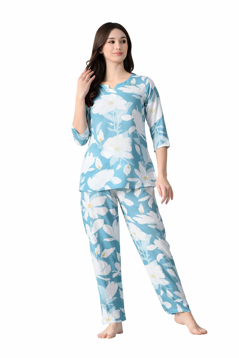 Ichaa Women's Printed Rayon Night Wear Top and Bottom Night Suit Set - Image 1