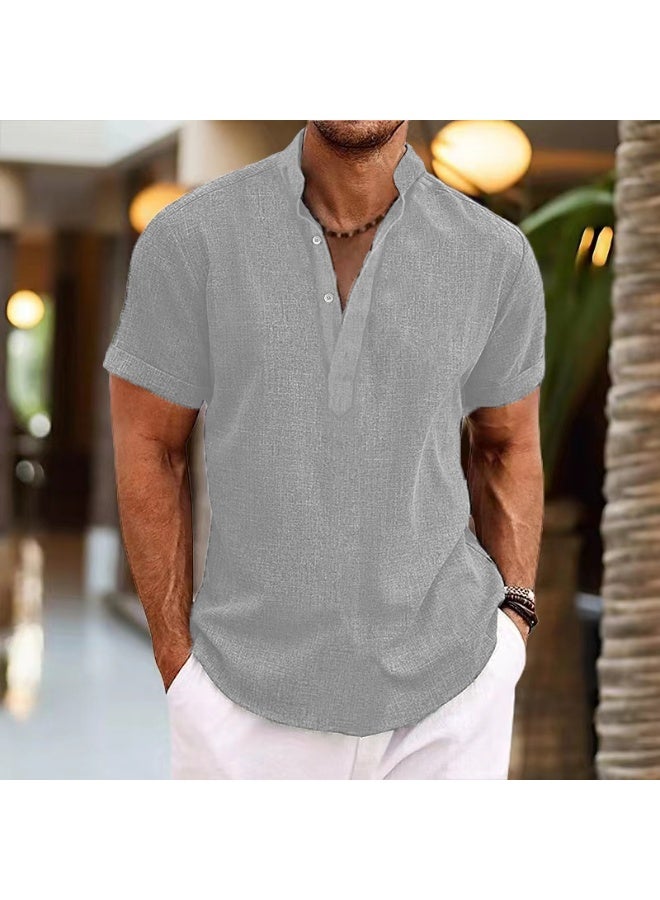 Summer Fashion Cotton Linen Casual T-Shirts Casual Male Short Sleeve V-Collar Breathable Men's Tee Button-up  - Image 1