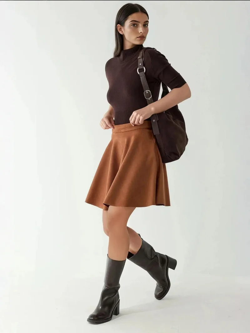 HICCUP High Waist Faux Suede Mini Skirt with Zipper Closure