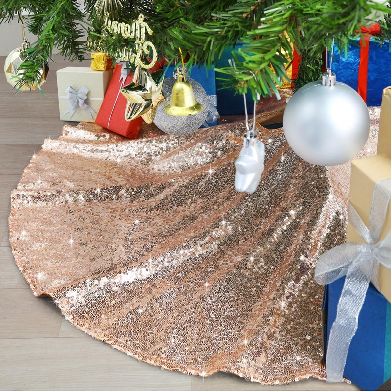 48 Inch Christmas Tree Skirt Rose Gold Sequin Tree Skirts Plus Xmas Tree Decorations Holiday Party Ornaments for Outdoor