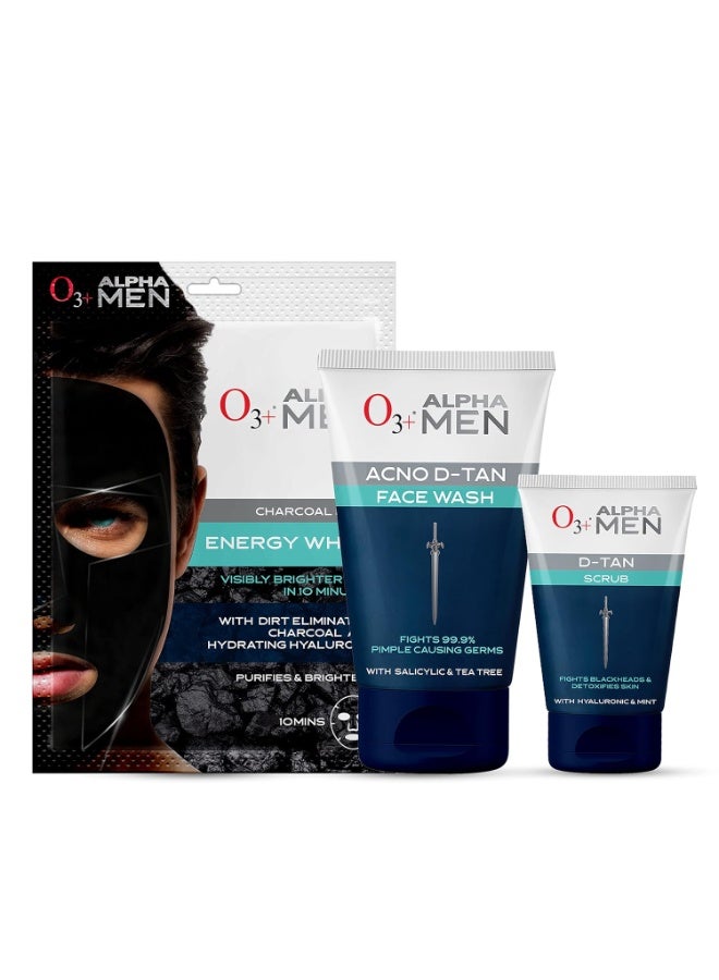 O3+ مجموعة O3+ ALPHA MEN لإزالة تان البشرة (مقشر 50غ + قناع وجه بالفحم 30غ + غسول وجه 100غ) لإزالة التان الفوري | لجميع أنواع البشرة - Image 1