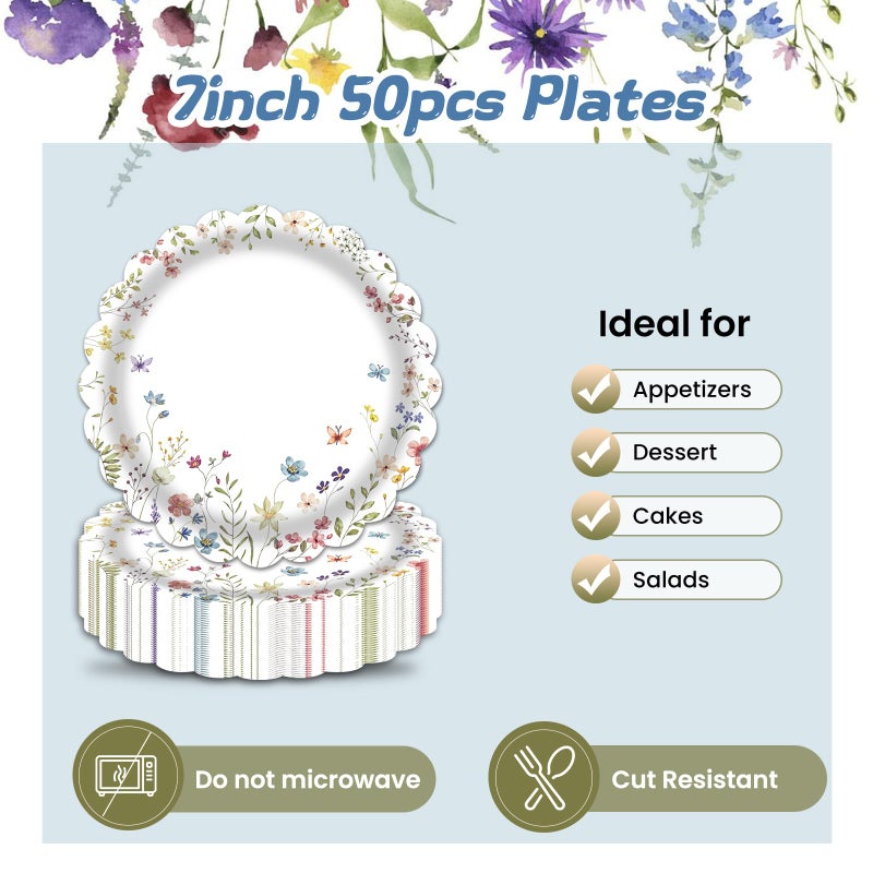 LDFDRT Wildflower Paper Plates,50-Pack 7 Inch Floral Disposable Plates, Elegant Flower Plates for Garden Party Decor, Baby Shower, Birthday & Tea Party Decorations - Image 3