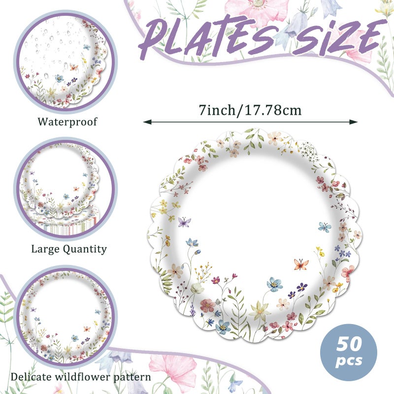 LDFDRT Wildflower Paper Plates,50-Pack 7 Inch Floral Disposable Plates, Elegant Flower Plates for Garden Party Decor, Baby Shower, Birthday & Tea Party Decorations - Image 2