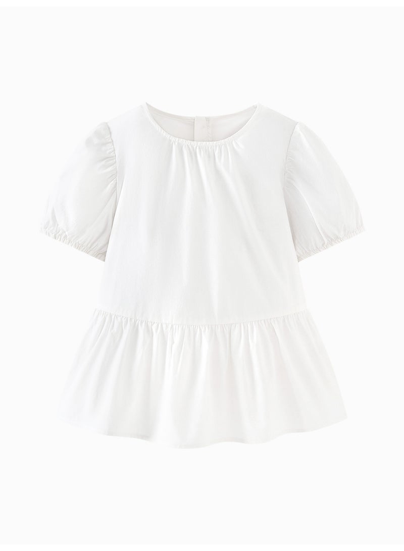 ميني بالا قميص طفل زبائن بأكمام بوف وسهلة، قطعة ناعمة وقابلة للتنفس، طوق دائري مع مفتاح أزرار في الخلف، تصميم طيز مدبب، مثالي للارتداء اليومي وللتوازنات والفعاليات غير الرسمية قميص طفل - Image 4