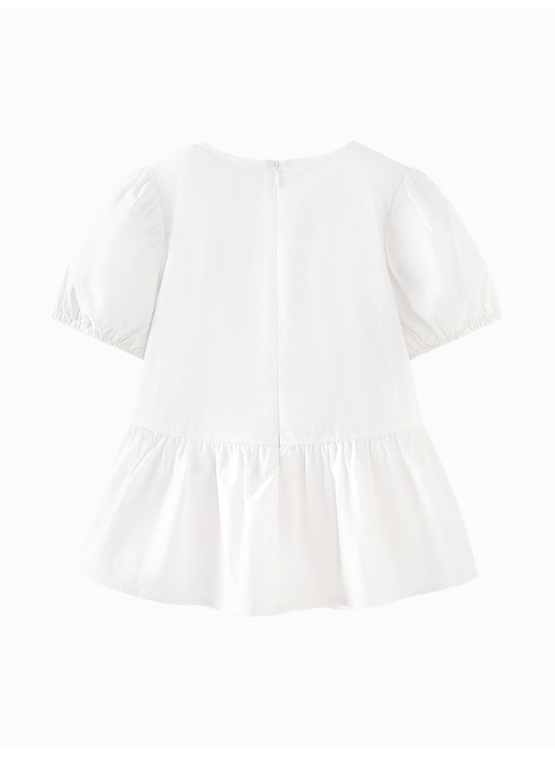 ميني بالا قميص طفل زبائن بأكمام بوف وسهلة، قطعة ناعمة وقابلة للتنفس، طوق دائري مع مفتاح أزرار في الخلف، تصميم طيز مدبب، مثالي للارتداء اليومي وللتوازنات والفعاليات غير الرسمية قميص طفل - Image 5