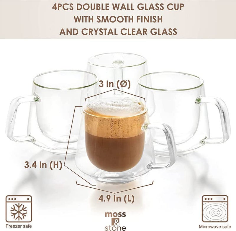 Moss & Stone Set of 4 Double Wall Glass Cup Clear Mug, Double Walled Coffee Mugs 7.5 Oz, Glass Tea Mugs, Insulated Coffee Mug With Handle. - Image 3