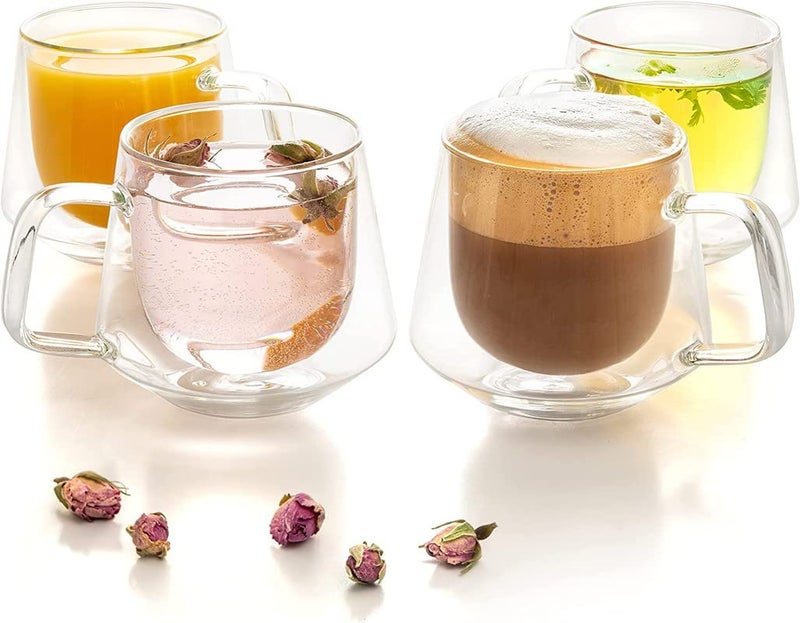 Moss & Stone Set of 4 Double Wall Glass Cup Clear Mug, Double Walled Coffee Mugs 7.5 Oz, Glass Tea Mugs, Insulated Coffee Mug With Handle. - Image 1