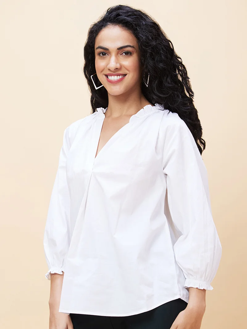 globus Women Mandarin Collar Cotton Regular Top