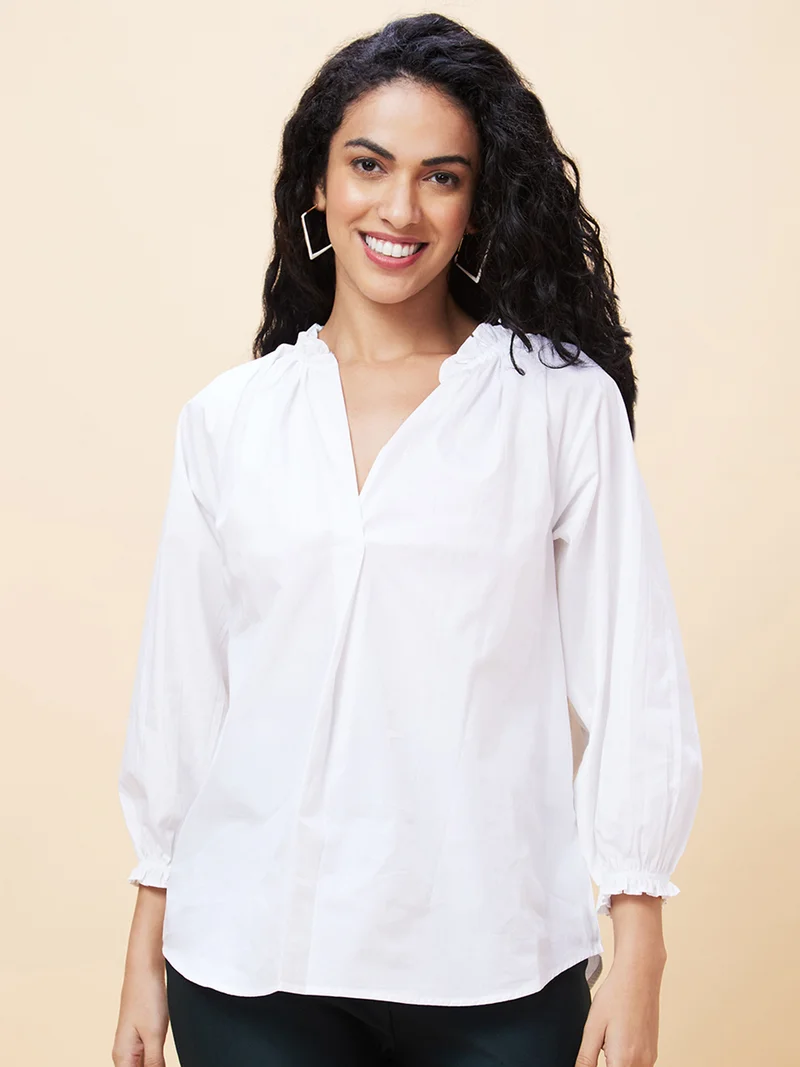 globus Women Mandarin Collar Cotton Regular Top