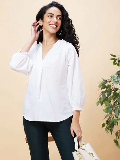 globus Women Mandarin Collar Cotton Regular Top