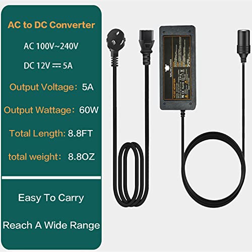 NALAKUVARA AC to DC Converter 110V to 12V 5A 60W Car Cigarette Lighter Adapter - Wall Plug Outlet Female Socket Converter - 110/120 to 12 Volt AC/DC Adapter Power Supply - Image 3