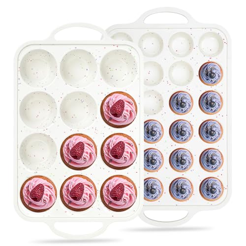 AOTASO Regular 12 Cup and Mini 24 Cup Nonstick Cupcake Pan Set Silicone Muffin Pan for Baking Silicone Cupcake Mold with Metal Reinforced Frame BPA Free (2 Pcs, Cream) - Image 1