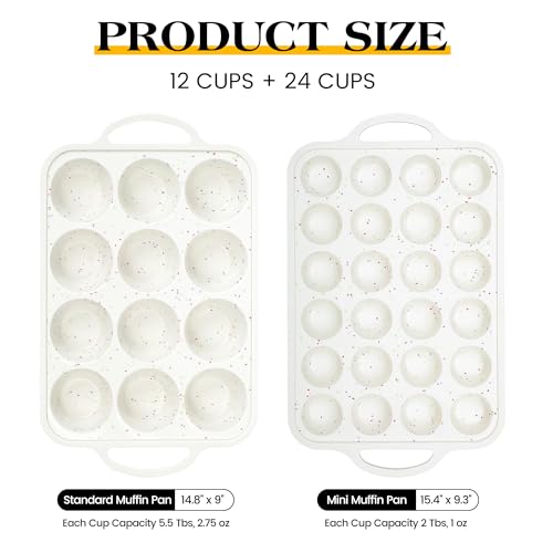 AOTASO Regular 12 Cup and Mini 24 Cup Nonstick Cupcake Pan Set Silicone Muffin Pan for Baking Silicone Cupcake Mold with Metal Reinforced Frame BPA Free (2 Pcs, Cream) - Image 2