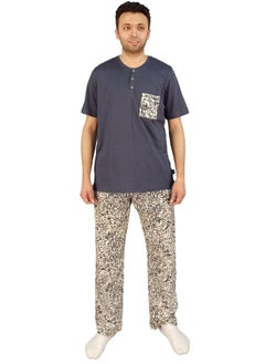 Men Summer Pajama Set Plain Top & Printed Bottom-Beige*Grey