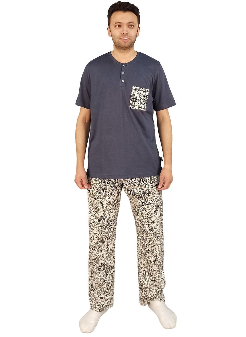 Jet - Men Summer Pajama Set Plain Top & Printed Bottom-Beige*Grey - Image 1