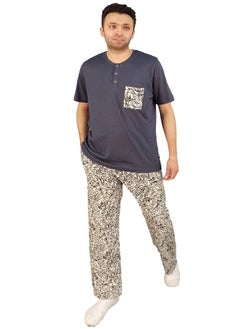 Jet Men Summer Pajama Set Plain Top & Printed Bottom-Beige*Grey  - Image 2